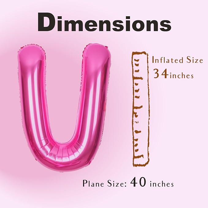 SUWEN 40 Inch Hot Pink Large U Letter Balloons Big Foil Helium Letter Balloons A-Z Jumbo Mylar Happy Birthday Party Decorations for Woman Anniversary Party Supplies