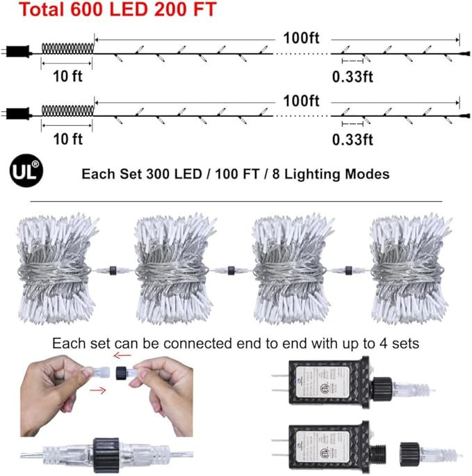 2 Pack Total 200FT 600 LED Christmas String Lights, Warm White Fairy Tree Lights Connectable, 8 Modes & Timer Indoor Outdoor String Lights for Bedroom Tree Yard Door Wedding Xmas Classroom Decor