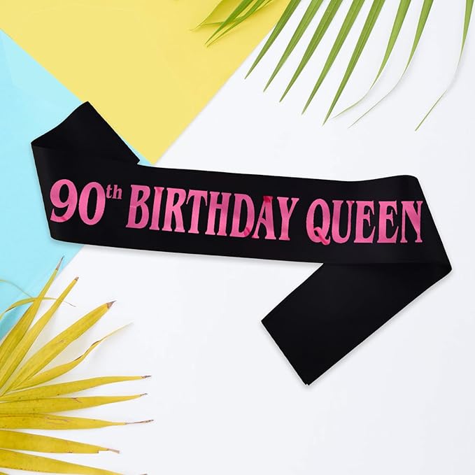 90th Birthday Queen Sash, Pink Foil Black Satin Birthday Sash for Women 90th Fabulous Birthday Party Gift Decorations Favors