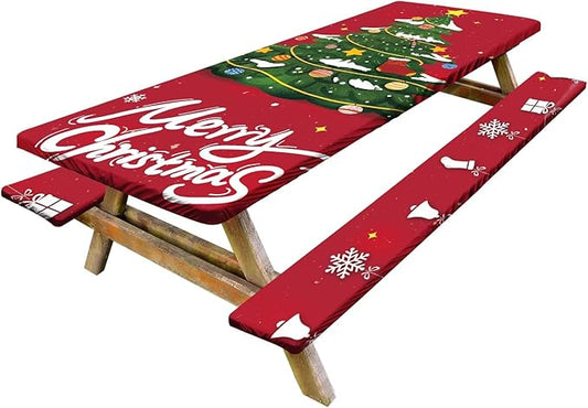 Picnic Table Cover with Bench Covers Set of 3, Elastic Fitted Tablecloth for 6 Foot Tables, Washable Polyester Tablecloths for Camping, Indoor & Outdoor