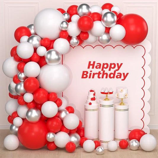 Red White Silver Balloon Garland Kit - 122PCS Red White Balloons Red Silver Balloons for Birthday Wedding Anniversary Bridal Shower Bride To Be Graduation Party Decorations