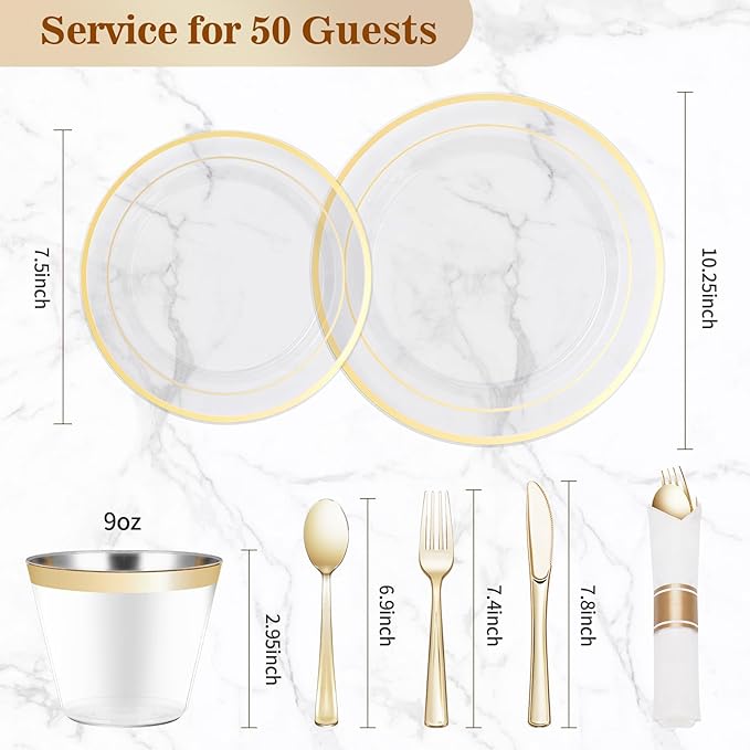 BESTVIP 350PCS Clear Gold Plastic Dinnerware Set for 50 Guests, Disposable Party Plate for Christmas and New Year,Halloween, Include: 100 Plastic Plates, 50 Pre Rolled Napkins with Silverware, 50 Cups