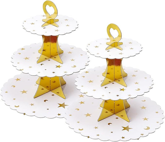Soleebee 3-Tier Cupcake Stand, Cardboard Cupcake Tower, Dessert Cup Cake Stand Tower for Birthday Wedding Party Decoration, Cupcake Tier Stand 2 Set (Gold Moon and Star)