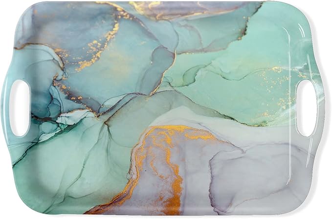 Serving Tray Decorative Tray with Handles Multi-Purpose Rectangular Serving Trays for Restaurant, Parties, Coffee Table, Kitchen - Teal Marble Pattern