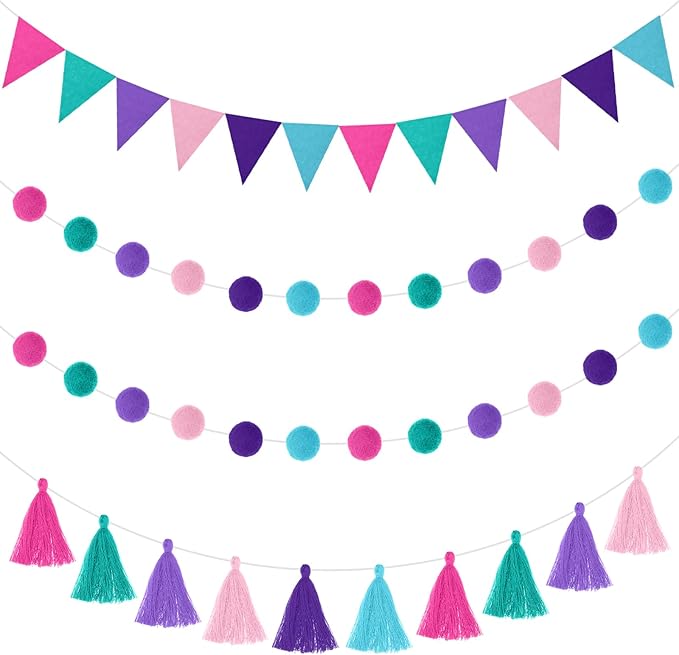 Irenare 9.8 ft Pom Pom Garland Felt Rainbow Garland 2026 Graduation Party Decoration Colorful Pennant Tassel Banner Back to School Birthday Triangle Banner for Classroom School Mantel(Mermaid Colors)