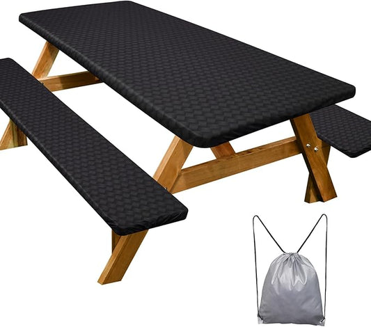 Play Tailor Picnic Table Cover with Bench Covers Camping Essentials Waterproof Windproof Camping Tablecloth with Drawstring Bag, Fitted Rectangle Tables and Seats, 72in, Black