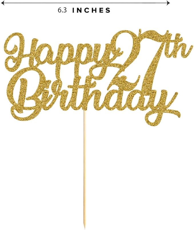 27th Birthday Cake Topper, Gold Glitter Cheers To 27 Years Party Decoration, Supply