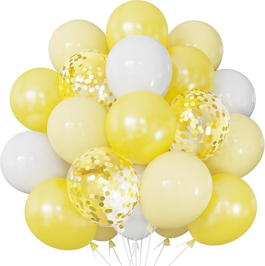 Yellow and White Balloons - 12inch Pastel Yellow Balloons Glitter Gold Confetti Balloon White Party Balloon for Sunflower Honeybee Theme Birthday Baby Shower Party Decorations, Indoor Outdoor
