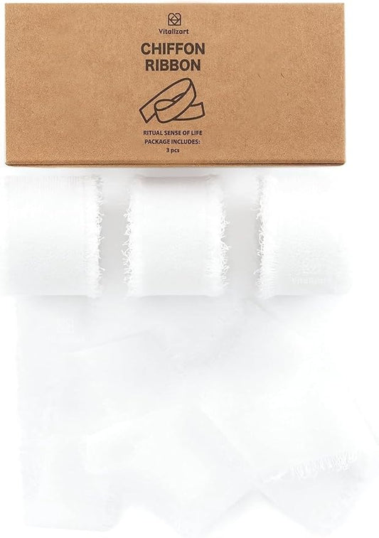 Vitalizart White Chiffon Silk Ribbon 1" x 21 Yd Fringe Fabric Package (3 Rolls * 7 Yd) for Wedding Invitations Bridal Bouquets Decorations Gifts Wrapping & Bow Making Off White