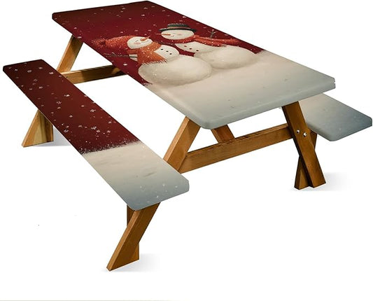 ANNA QUEEN 6FT Christmas Snowman Picnic Table Cover with Bench Covers Picnic Table Cover Set 3PCS 72"x30", Outdoor Bench and Tablecloth Furniture Protection for Camping