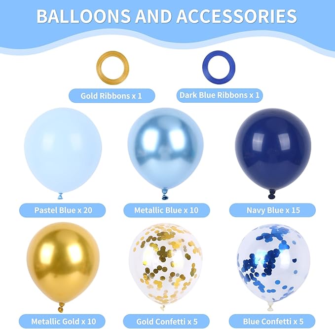 RUBFAC Navy Blue Gold Balloon, Party Balloons Pastel Blue Metallic Confetti for Birthday Wedding Bridal Baby Shower Graduation Party Supplies, 65pcs 12 Inches
