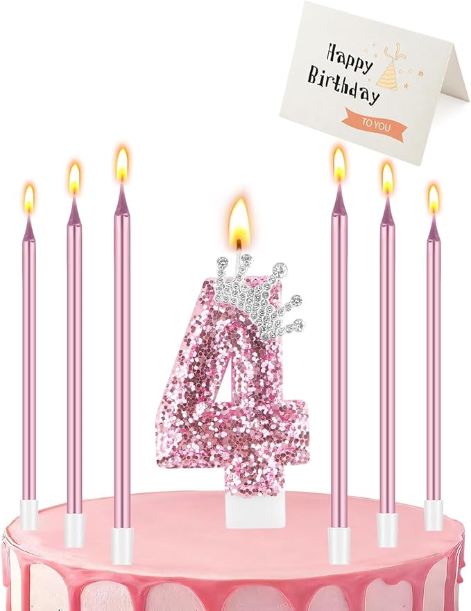 Birthday Candles for Cake, Pink Number Candles, Cake Candles with Greeting Card for Birthday Party Wedding Anniversary Celebrations (4 Candle, Silver Crown)