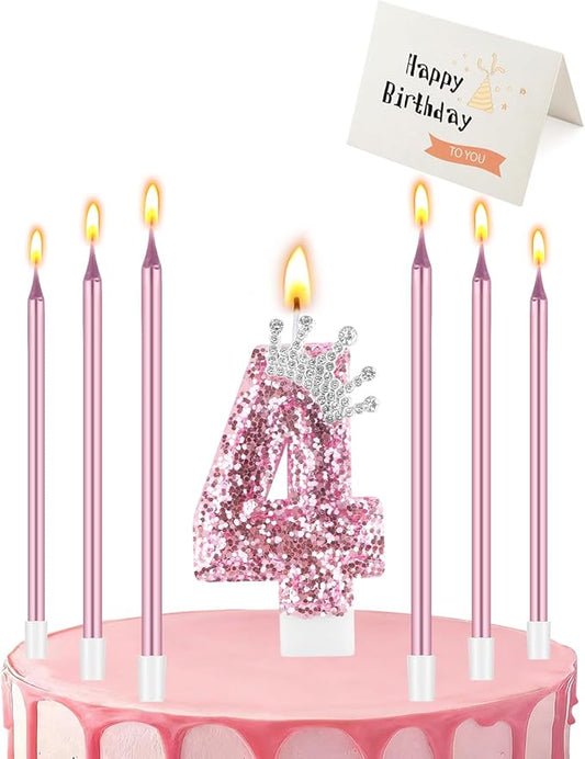 Birthday Candles for Cake, Pink Number Candles, Cake Candles with Greeting Card for Birthday Party Wedding Anniversary Celebrations (4 Candle, Silver Crown)