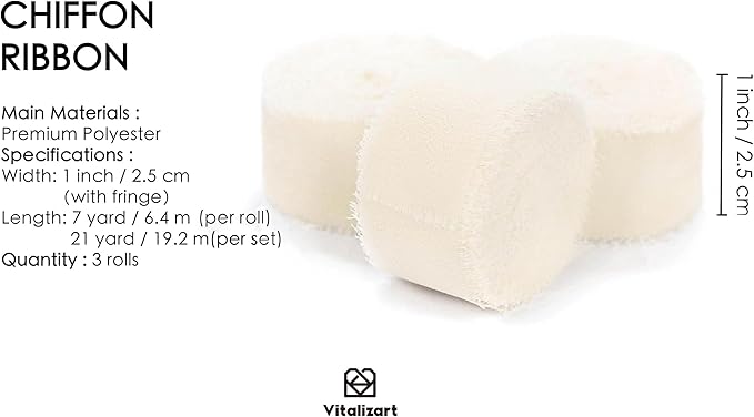 Vitalizart Ivory White Chiffon Silk Ribbon 1" x 21 Yd Fringe Fabric Package (3 Rolls * 7 Yd) for Wedding Invitations Bridal Bouquets Decorations Gifts Wrapping & Bow Making Cream