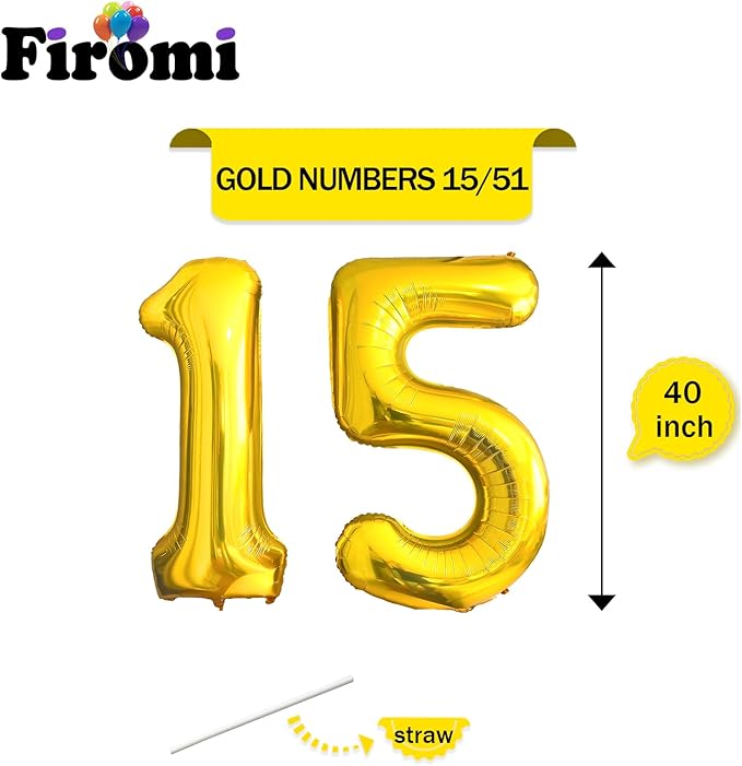 FIROMI 15 Number Balloons Gold Big Giant Jumbo Huge Foil Mylar 15 Balloon Numbers for 15th Birthday Party Anniversary Events Decorations 40-inches