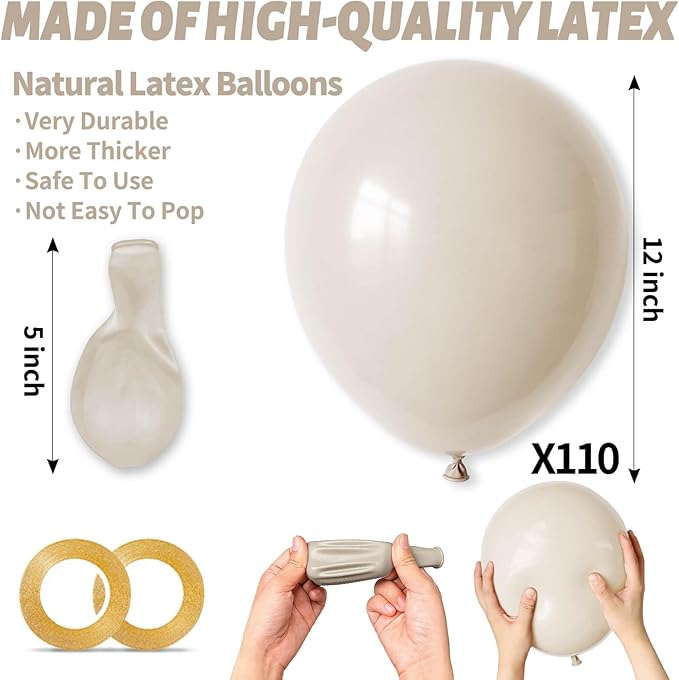 110pcs Sand White Balloon 12 inch, Sand white Latex Balloons for Birthday Party Baby Shower Wedding(with 2 Ribbons).