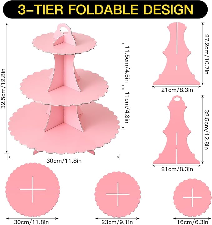 Soleebee 3-Tier Cupcake Stand, Cardboard Cupcake Tower, Dessert Cup Cake Stand Tower for Birthday Wedding Party Decoration, Cupcake Tier Stand 2 Set (Pink)