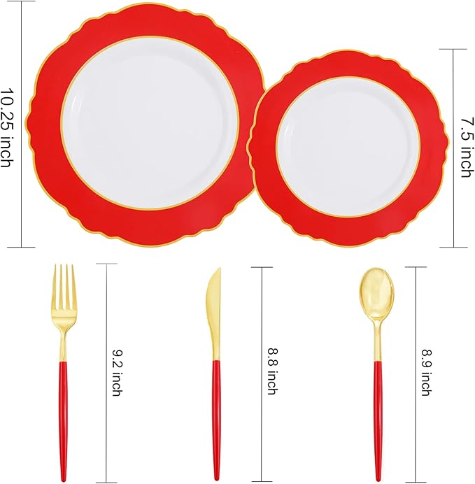 WDF 30Guest Red Plastic Plates - Gold Plastic Silverware With Red Handle - Red Plates Disposable- Baroque Plastic Dinnerware for Wedding Baby Shower Spring Birthday