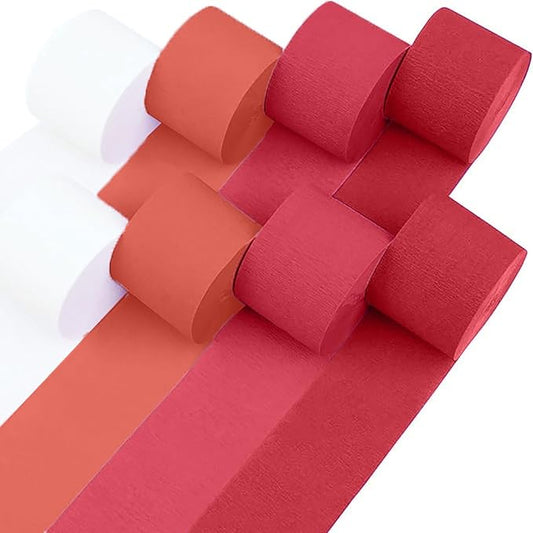 Crepe Paper Streamers - 8 Rolls, 656ft Pack in Red, White & Orange for Parties & Birthdays (1.8 in x 82 ft/Roll)