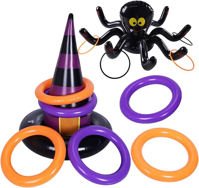 Max Fun Halloween Ring Toss Games Inflatable Spiders Ring Toss Witch’s Hat Toss Game for Kids Halloween Party Favors Supplies Indoors Outdoors Party Games