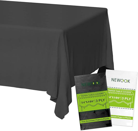 Black Paper Tablecloths Disposable for Rectangle Tables 12 Pack,3 Ply Paper & Plastic Quality Table Cloth for Parties,54 x 108 Inch Birthday Table Cover Outdoor Wedding Banquet Tablecover