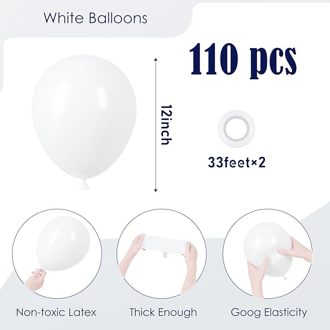 Voircoloria 110pcs White Balloons 12inch Matte White Latex Party Balloons for Wedding, Birthday, Graduation, Bridal Shower, Baby Shower, Bachelorette and Engagement Decorations
