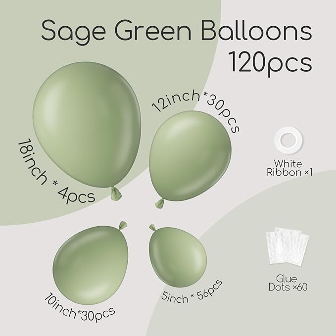 120pcs Sage Green Balloons, 18 12 10 5 inch Sage Balloons Different Sizes Light PastelGreen Balloon Arch Kit for Wedding Bridal Shower Baby Shower Birthday Party Decorations