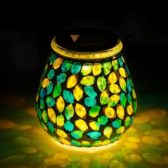 Starsoul Solar Lanterns Outdoor Waterproof, Unique Green Mosaic Glass Solar Garden Lights, Decorative Outdoor Lantern for Outside Patio Pathway Porch Yard Table