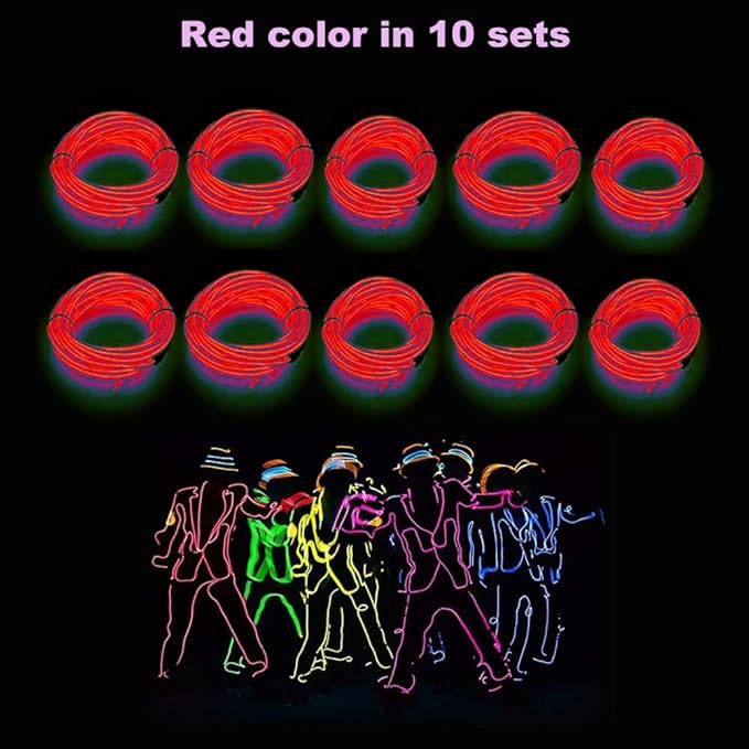 MaxLax EL Wire red 10-Pack, 9ft/2.75m Neon Light Wire with Noise Reduction and Battery Pack…