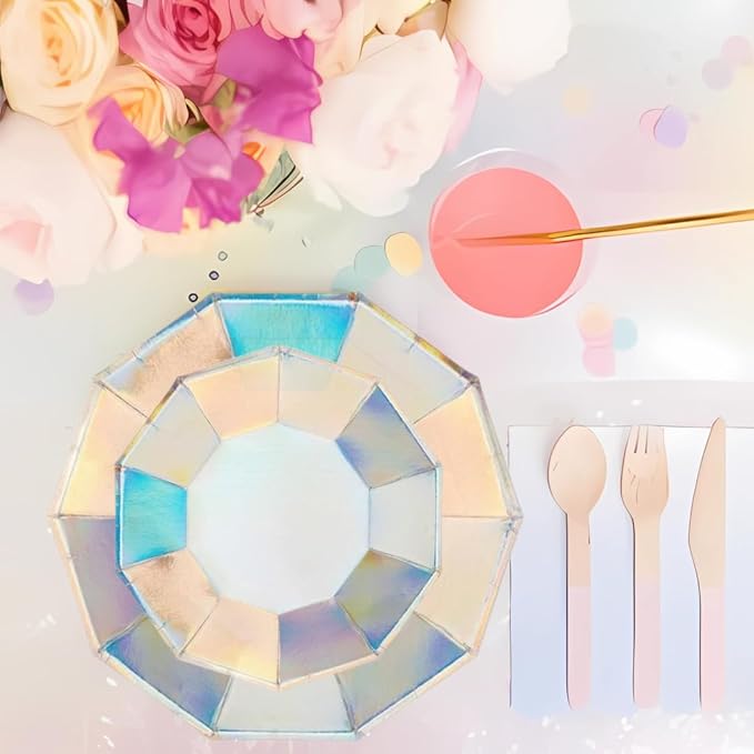 Andaz Press 50 Piece Iridescent Party Plates, Cups and Lunch Napkins Set, Bulk Tableware Set, Iridescent Party Decorations Theme Supplies, Holographic Silver Decorations Tableware Kit