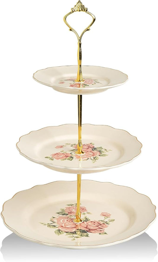 Sweejar 3 Tier Ceramic Cake Stand Wedding, Dessert Cupcake Stand for Tea Party Serving Platter(Rose)