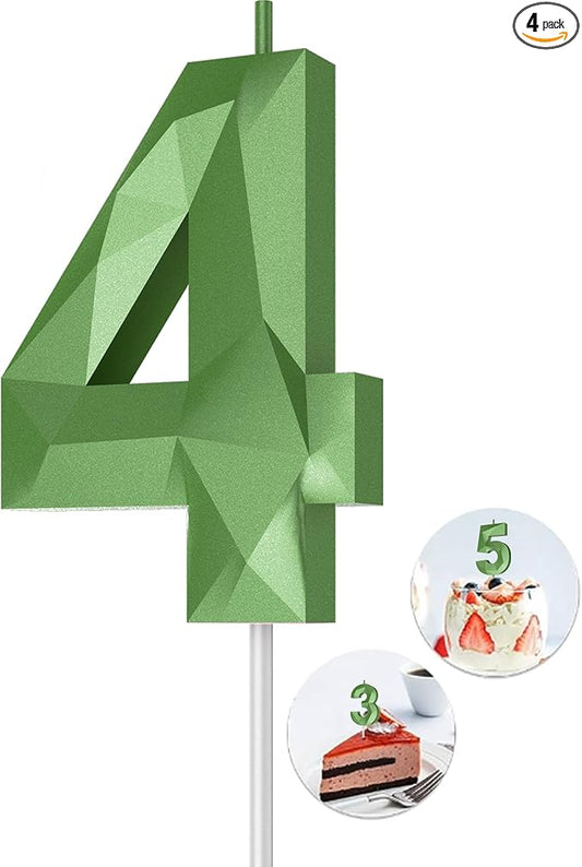 Number Birthday Candles(4 Candle Green) 3D Diamond Shape Number Happy Birthday Cake Candles for Birthday Party Wedding Decoration Reunions Theme Party