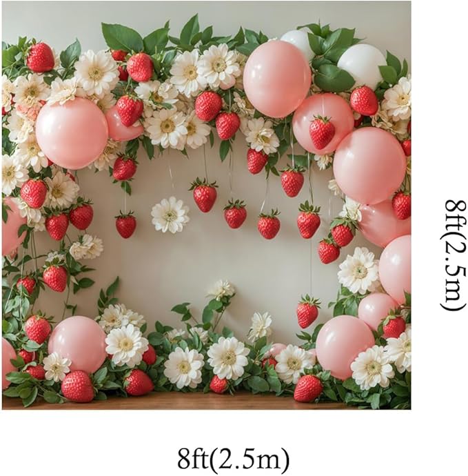 Kate 8x8ft Happy Birthday Party Pink Balloons Photography Backdrops Spring Flowers Wall Strawberry Decoration Kids Baby Shower Photo Background