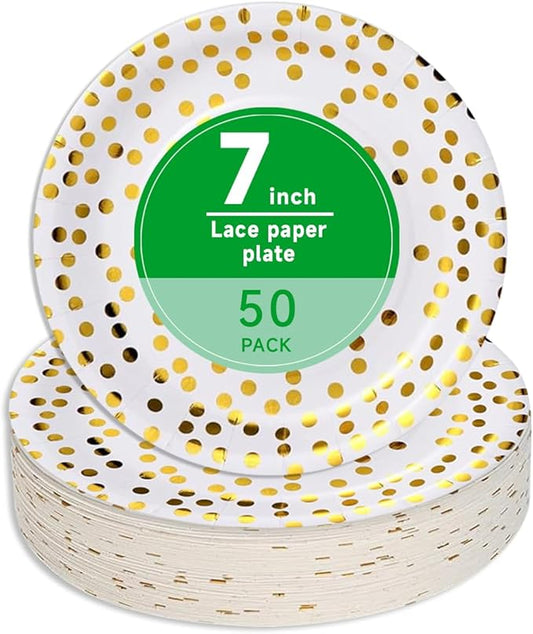 Stylish Paper Plates 50 Count,Eco Compostable Plates,7" Gold Foil Polka Dots White Small Paper Plates Disposable Plates for Daily Use,Party,Easter,Birthday,Wedding