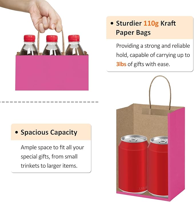 BagDream Small Gift Bags 25Pcs 5.25x3x8 Hot Pink Paper Bags with Handles, Kraft Pink Paper Sacks for Small Gifts, Birthday, Wedding Party Favor, Retail, Merchandise