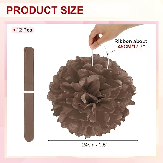 PATIKIL 10inch Tissue Paper Pom Poms, 12PCS Pom Poms Paper Flowers Ball Tissue Paper Flowers for Wedding Bridal Shower Birthday Bachelorette Party Backdrop Decoration, Brown