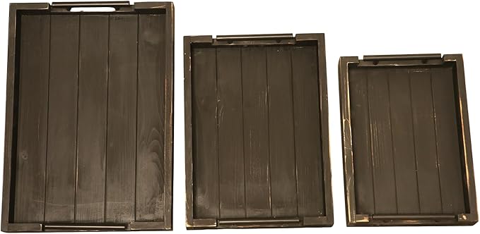 Coffee Table Tray Decorative Nested Vintage Wood Serving Tray Set for Eating, Trays for Eating on Couch Breakfast, Party, Kitchen,Ottoman,Tea Coffee Table Large (Rustic Black, 3Pc)