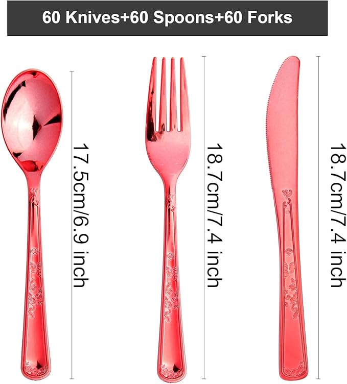 180 Pack Disposable Rose Red Plastic Silverware Contain 60 Forks,60 Spoons,60 Knives, Solid and Durable Plastic Cutlery Utensils Set Perfect for Parties,weddings.