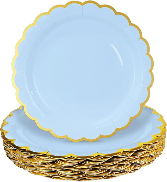 HEIPINIUYE 50 Pieces Light Blue Paper Plates with Gold Foil 7 Inch Disposable Baby Blue Scalloped Dinner Plates for Wedding Baby Shower Birthday Party Dessert Plate