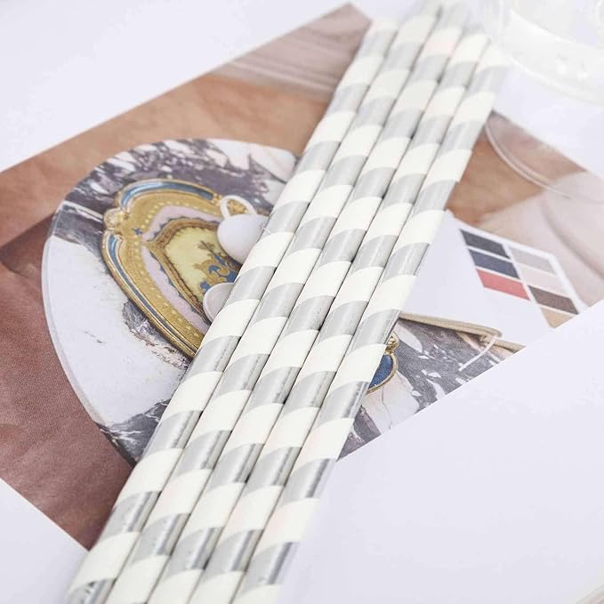 Efavormart 125 Pcs Candy Striped Paper Straws Silver Foil Swirl Straws For Wedding Birthday Party Dance Banquet - White/Silver
