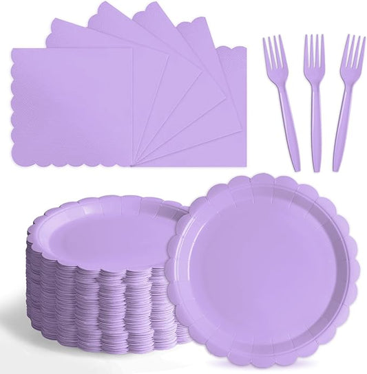 105PCS Paper Plates and Napkins Set, 7 Inch Scalloped Disposable Tableware with Forks for Birthdays, Garden Parties & Outdoor Events, Serves 35 (Light Purple)