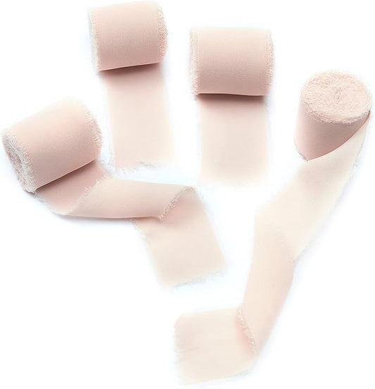 4 Rolls Blush Pink Handmade Fringe Chiffon Silk Ribbon 1.5" W x 5Yd Per Roll,Frayed Edges Ribbon Set for Gifts Wrapping,Wedding Invitations,Bouquets,DIY Crafts (1.5" x20Yd, Blush Pink)