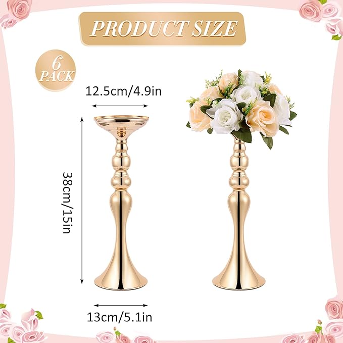 Sabary 6 Pcs Wedding Flower Stand Metal Flower Centerpieces Stand for Table Vase Arrangement Rack for Wedding Reception Dinner Table Party Decor(15 In,Gold)