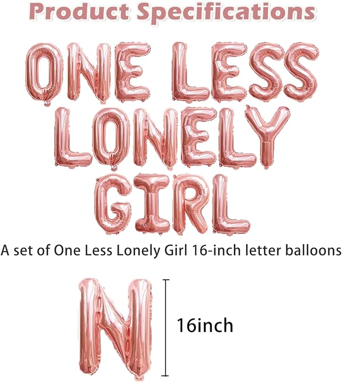 One Less Lonely Girl Rose Gold Balloons Bachelorette Party Decor, 16 Inch Letters Foil Mylar Balloon Banner Decor, Naughty Bachelorette Party Favors Bridal Shower or Wedding Party Supplies