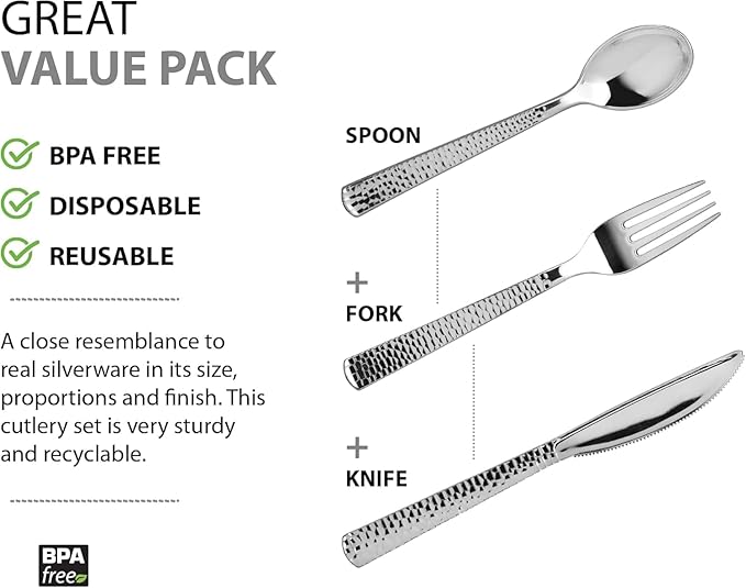 960 Piece Silver Plastic Silverware, Extra Heavyweight Disposable Cutlery Set, Full Size Silver Pebbled Flatware Combo, 480 Forks 240 Spoons 240 Knives, Bulk Party & Wedding Utensils