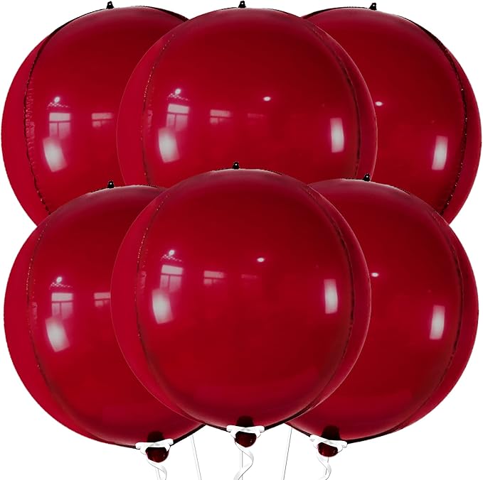 KatchOn, Big Metallic Ruby Red Balloons - 22 Inch, Pack of 6 | Round 4D Mylar Balloon for Birthday Party Decorations | Cherry Red Balloons for Wedding, Anniversary Decor, Red Party Decorations