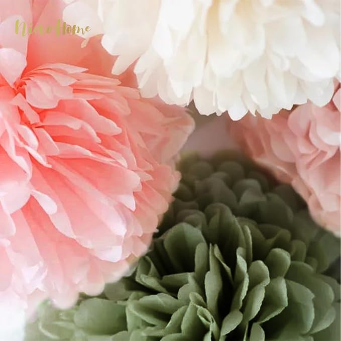 Wedding Party Decorations, 27 PCS Pink Sage Green Tissue Paper Pom Poms, Circle Dots Garland Paper Tassels Hanging Decor for Baby Shower Bridal Shower Engagement Birthday Party Supplies