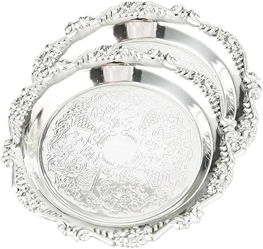 2PCS Coffee Table Tray 5.9in Round Decorative Tray Vintage Metal Dessert Plates for Snacks Fruit Silver