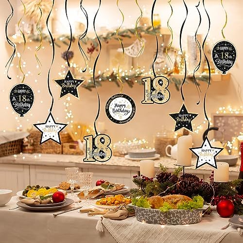 Happy 18th Birthday Black & Gold Glitter Swirls Streamers Party Decorations - 15 Pcs 18th Birthday Hanging Swirls Streamers Kit,Cheers to Eighteen Years Old Bday Party Sign.
