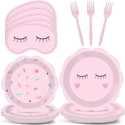 96Pcs Spa Party Decorations Spa Paper Plates Napkins Pink Sleepover Tableware Dinnerware Set Slumber Spa Party Supplies Dinner Dessert Plates for Girls Makeup Birthday Pajama Party Favors Table Decor